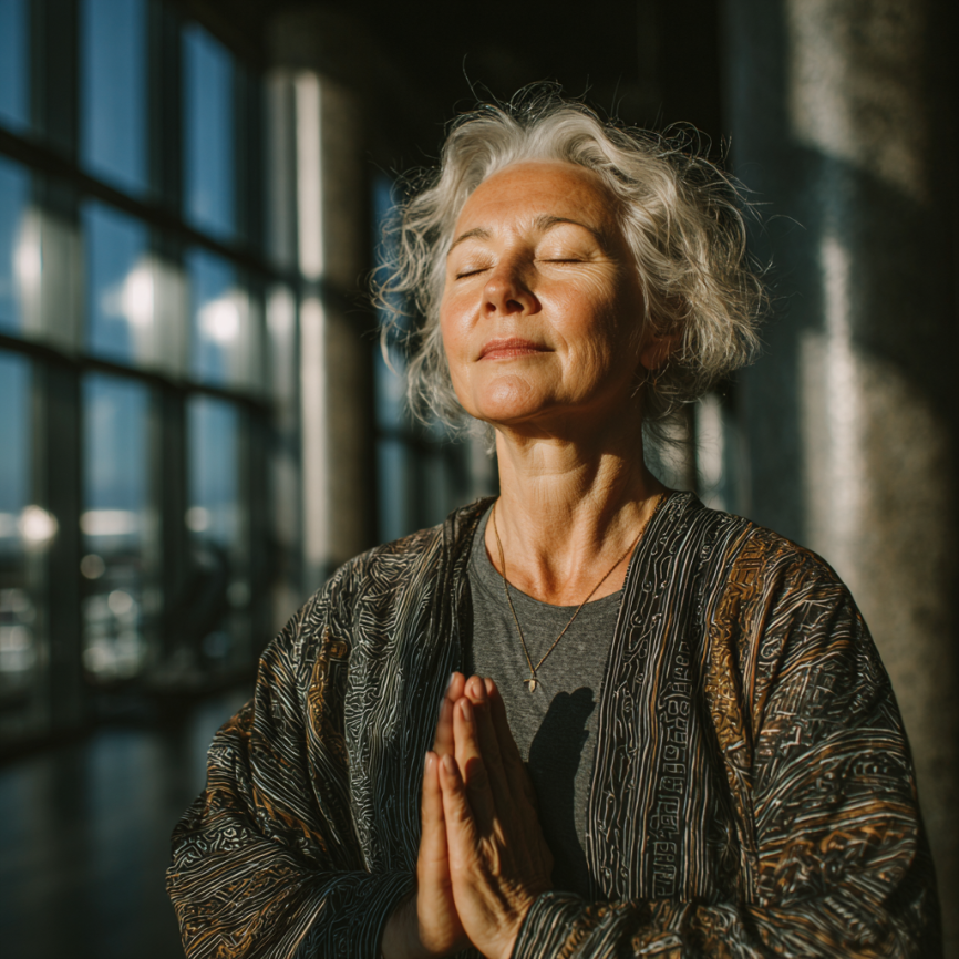 Группа людей старшего возраста занимается йогой на природе